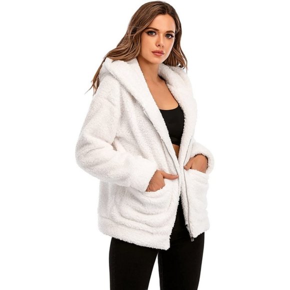 Jackets & Blazers - WOMENS Fleece Fuzzy Faux Hooded Warm Winter Oversized Jackets, White